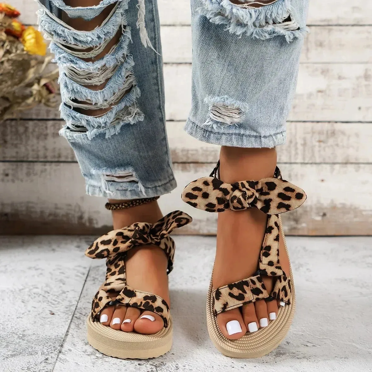 Leopard Print Platform Espadrilles - Trendy Summer Ankle Tie Sandals