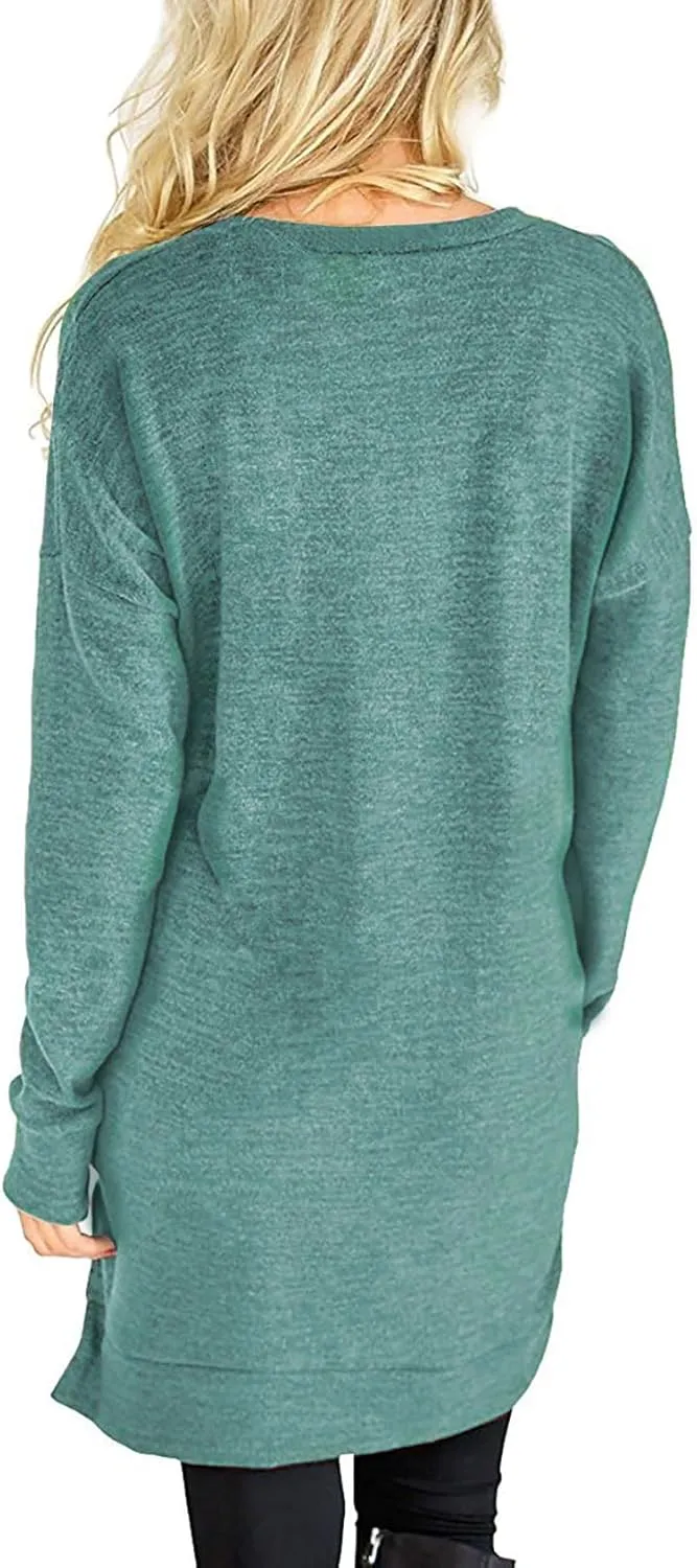 LERUCCI Womens Casual Long Sleeves Solid V-Neck Tunics Shirt Tops with Pockets