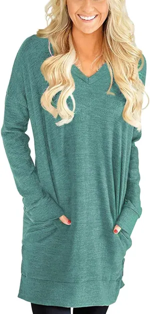 LERUCCI Womens Casual Long Sleeves Solid V-Neck Tunics Shirt Tops with Pockets