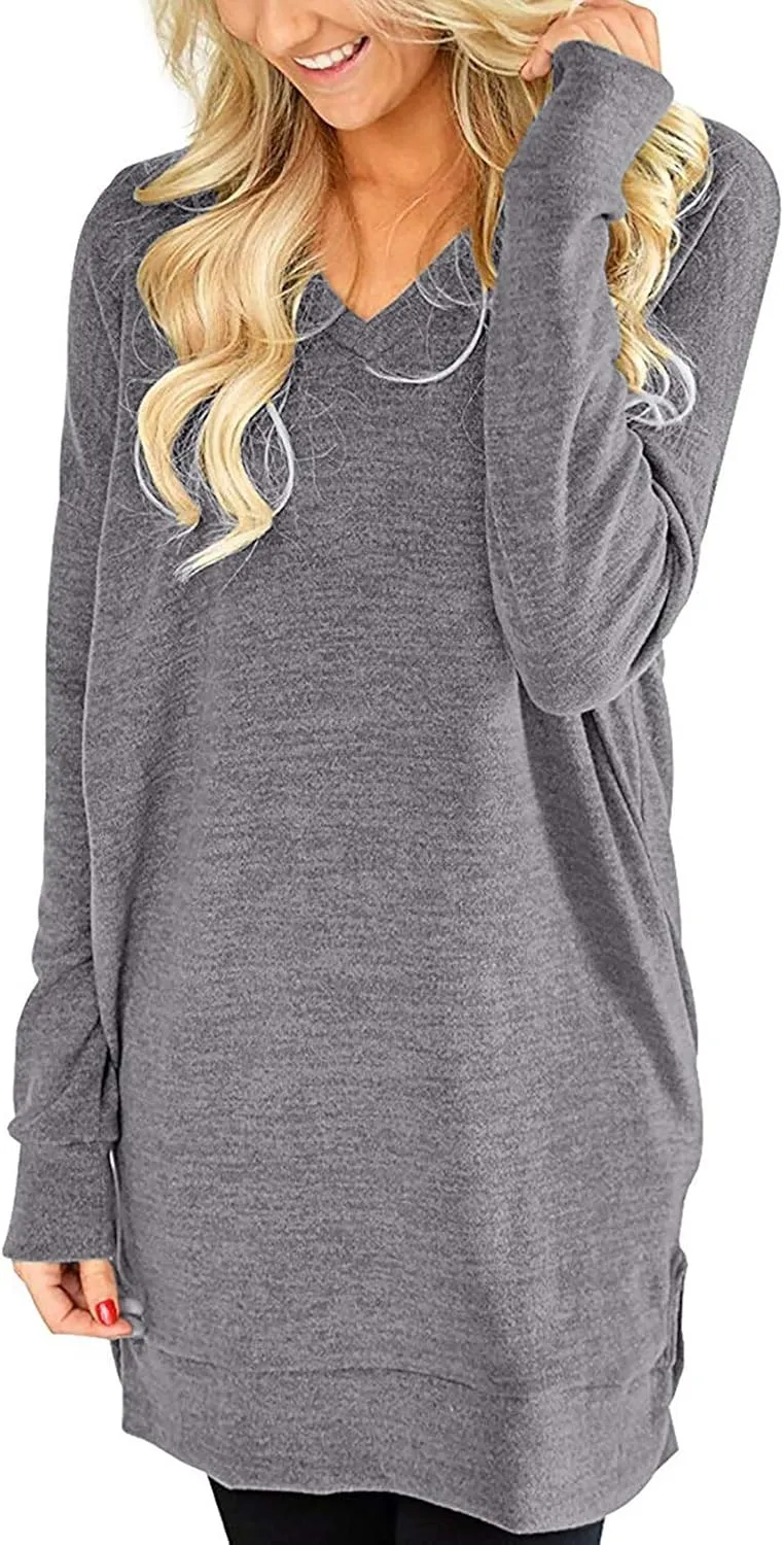 LERUCCI Womens Casual Long Sleeves Solid V-Neck Tunics Shirt Tops with Pockets