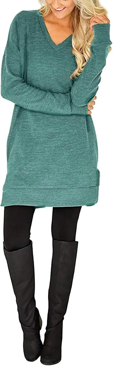 LERUCCI Womens Casual Long Sleeves Solid V-Neck Tunics Shirt Tops with Pockets