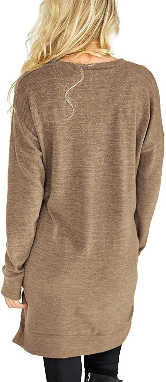 LERUCCI Womens Casual Long Sleeves Solid V-Neck Tunics Shirt Tops with Pockets