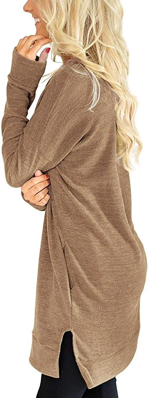LERUCCI Womens Casual Long Sleeves Solid V-Neck Tunics Shirt Tops with Pockets