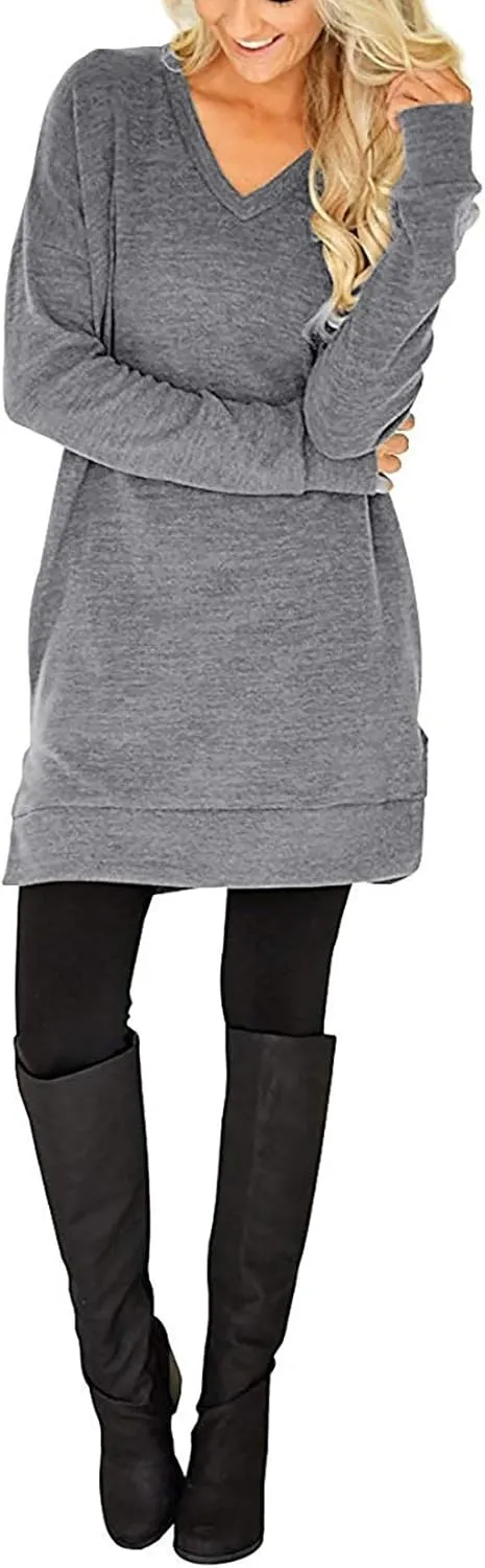 LERUCCI Womens Casual Long Sleeves Solid V-Neck Tunics Shirt Tops with Pockets