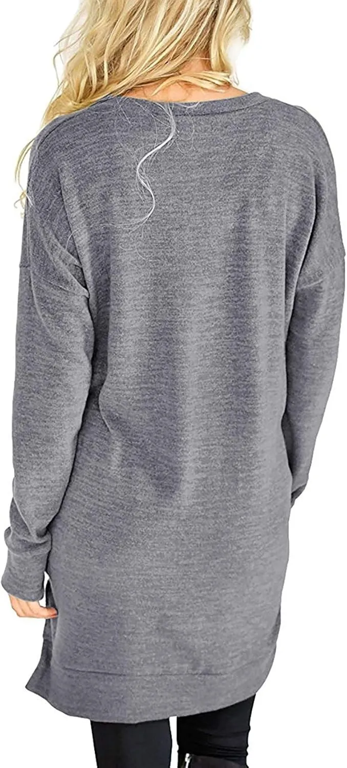 LERUCCI Womens Casual Long Sleeves Solid V-Neck Tunics Shirt Tops with Pockets