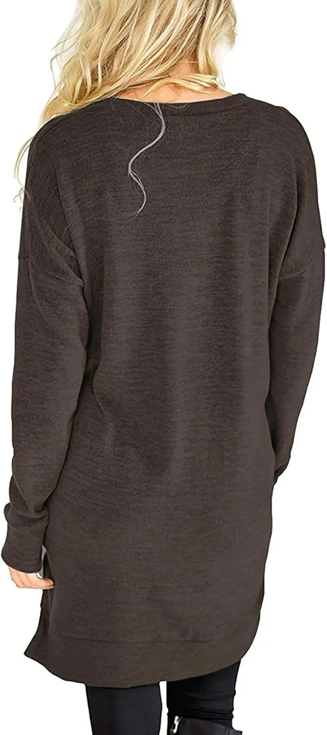 LERUCCI Womens Casual Long Sleeves Solid V-Neck Tunics Shirt Tops with Pockets
