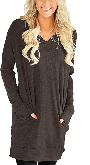 LERUCCI Womens Casual Long Sleeves Solid V-Neck Tunics Shirt Tops with Pockets