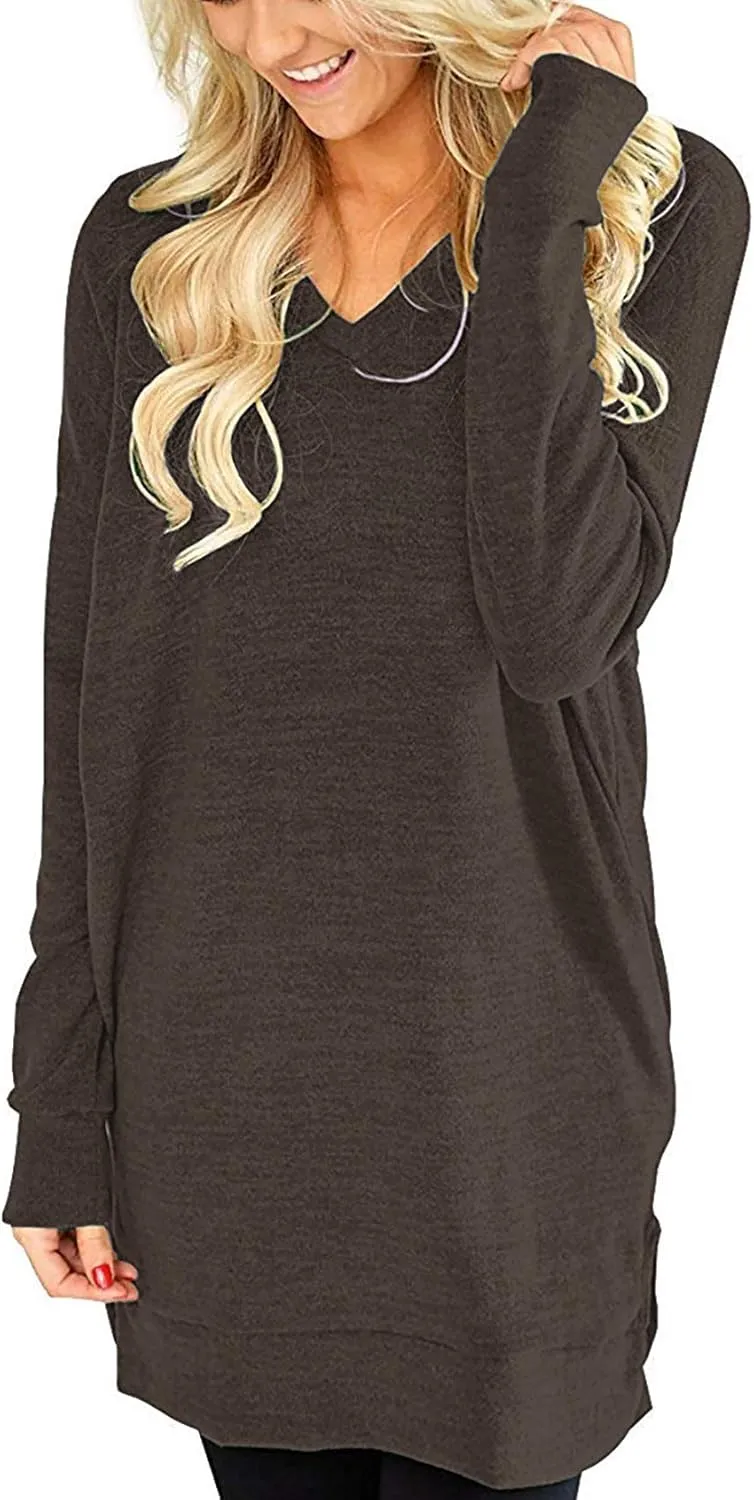 LERUCCI Womens Casual Long Sleeves Solid V-Neck Tunics Shirt Tops with Pockets