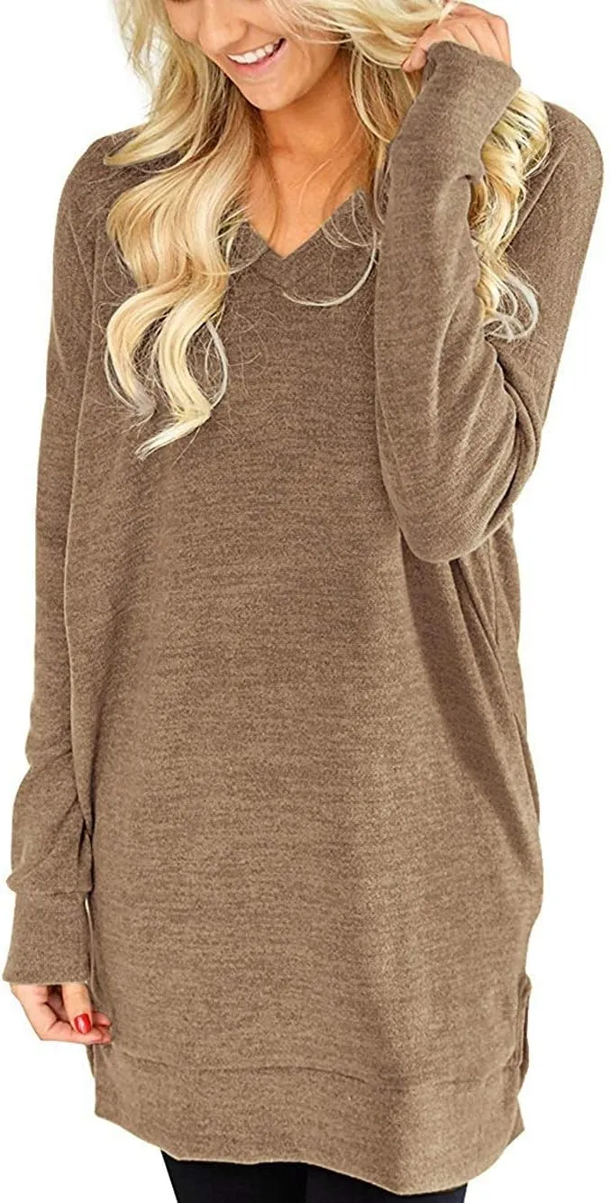 LERUCCI Womens Casual Long Sleeves Solid V-Neck Tunics Shirt Tops with Pockets