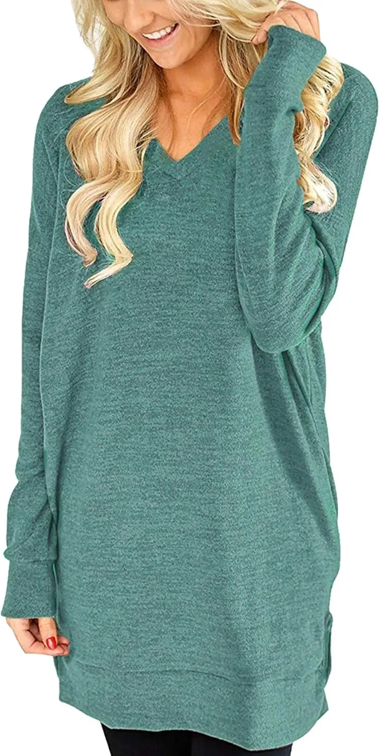 LERUCCI Womens Casual Long Sleeves Solid V-Neck Tunics Shirt Tops with Pockets