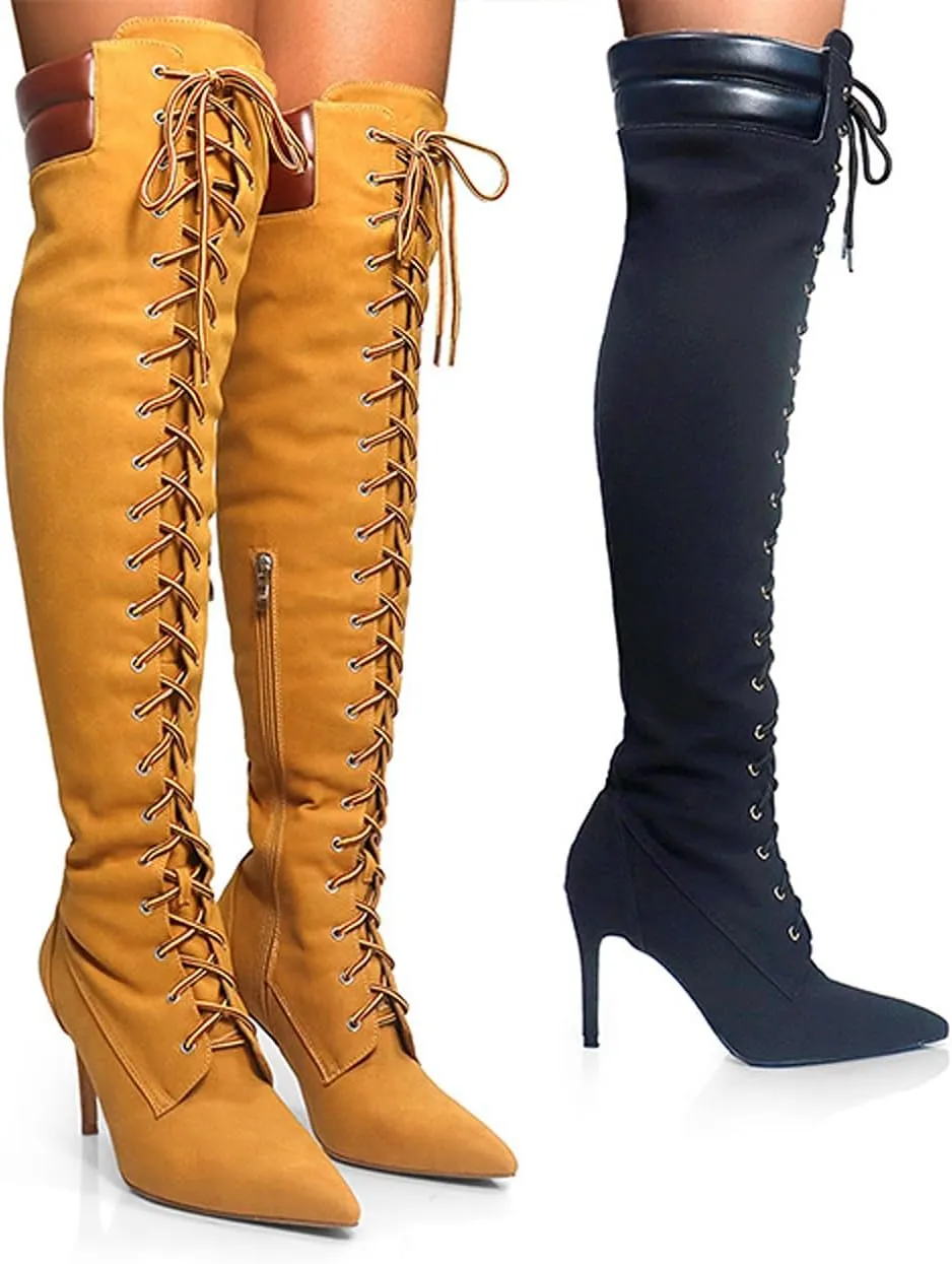 Liliana Womens ladies thigh high over the knee boots stiletto heel lace up