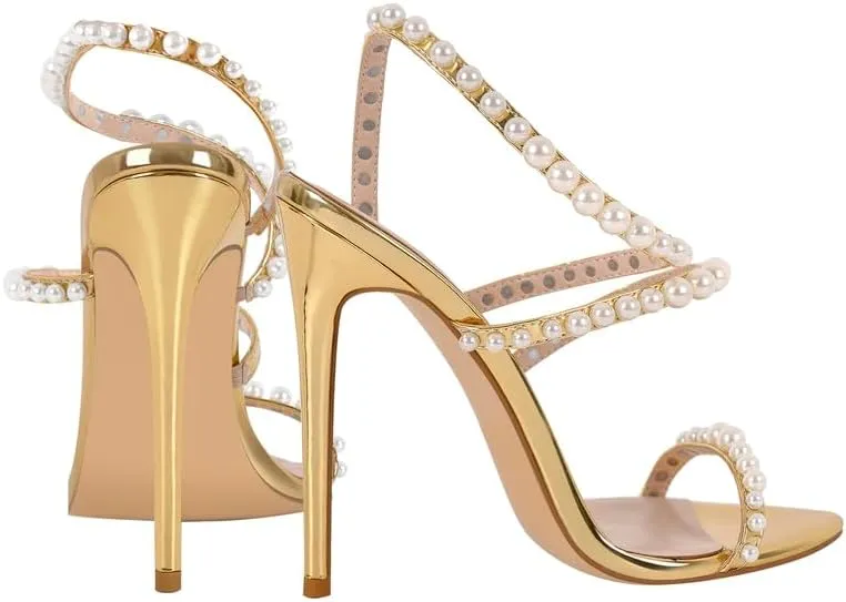 LISHAN Womens Pearl Stiletto High Heel Ankle Strap Buckle For Party Prom