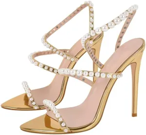 LISHAN Womens Pearl Stiletto High Heel Ankle Strap Buckle For Party Prom