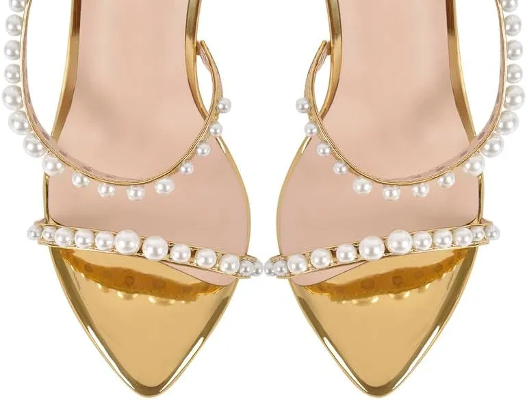 LISHAN Womens Pearl Stiletto High Heel Ankle Strap Buckle For Party Prom