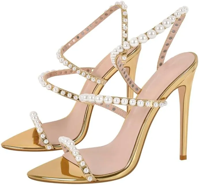 LISHAN Womens Pearl Stiletto High Heel Ankle Strap Buckle For Party Prom
