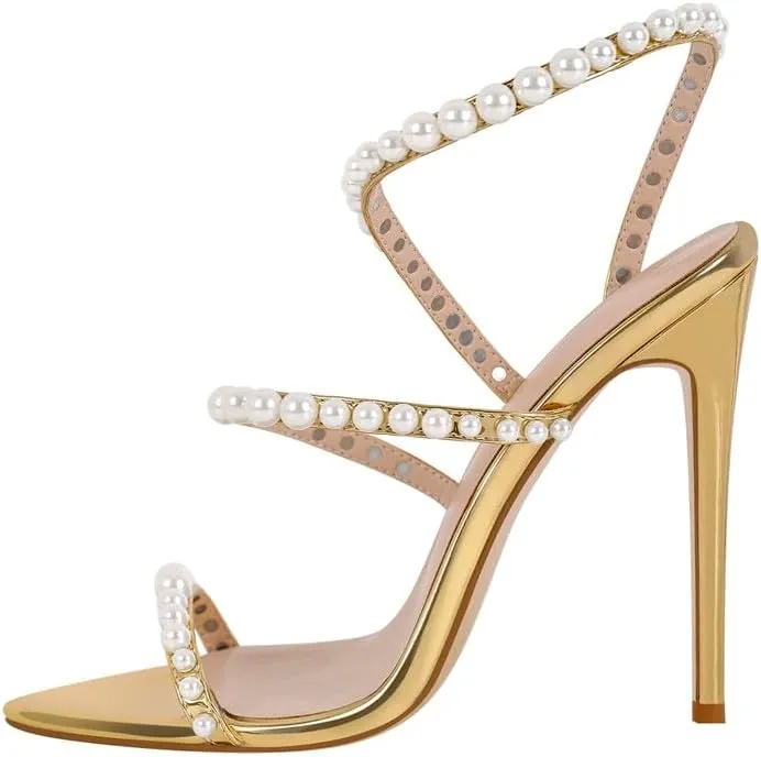 LISHAN Womens Pearl Stiletto High Heel Ankle Strap Buckle For Party Prom