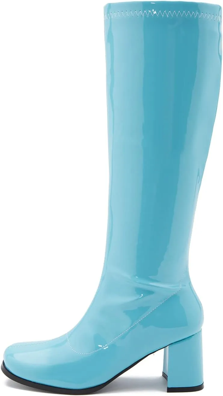 LIURUIJIA Women's Gogo Boots Knee High Block Heel Square Toe 70s Disco Costume Boots