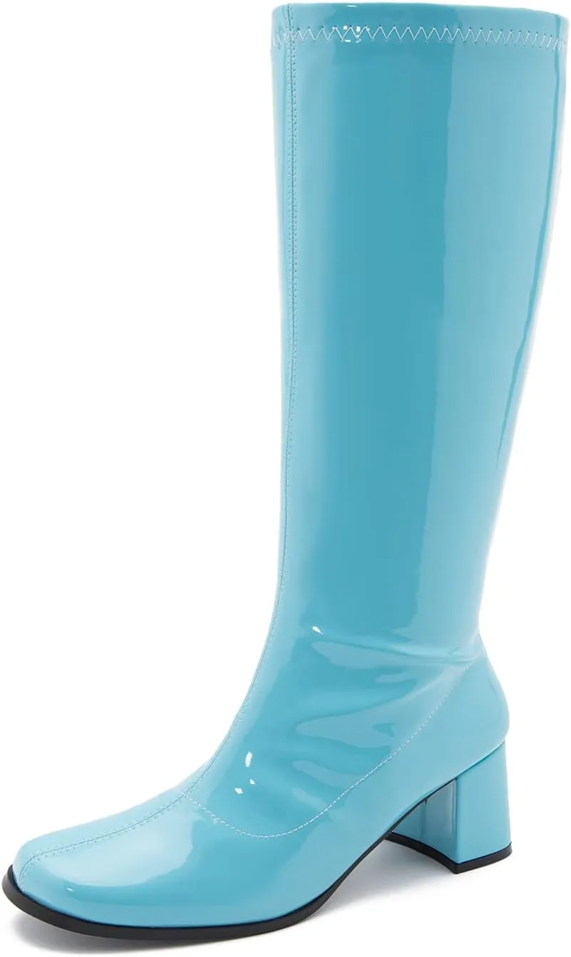 LIURUIJIA Women's Gogo Boots Knee High Block Heel Square Toe 70s Disco Costume Boots
