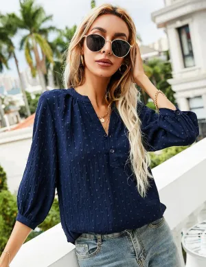 LOMON Women's Casual 3/4 Sleeve Henley V-Neck Button Up Pleated Back Blouses Swiss Dot Blouse Tops T-Shirts S-XXL