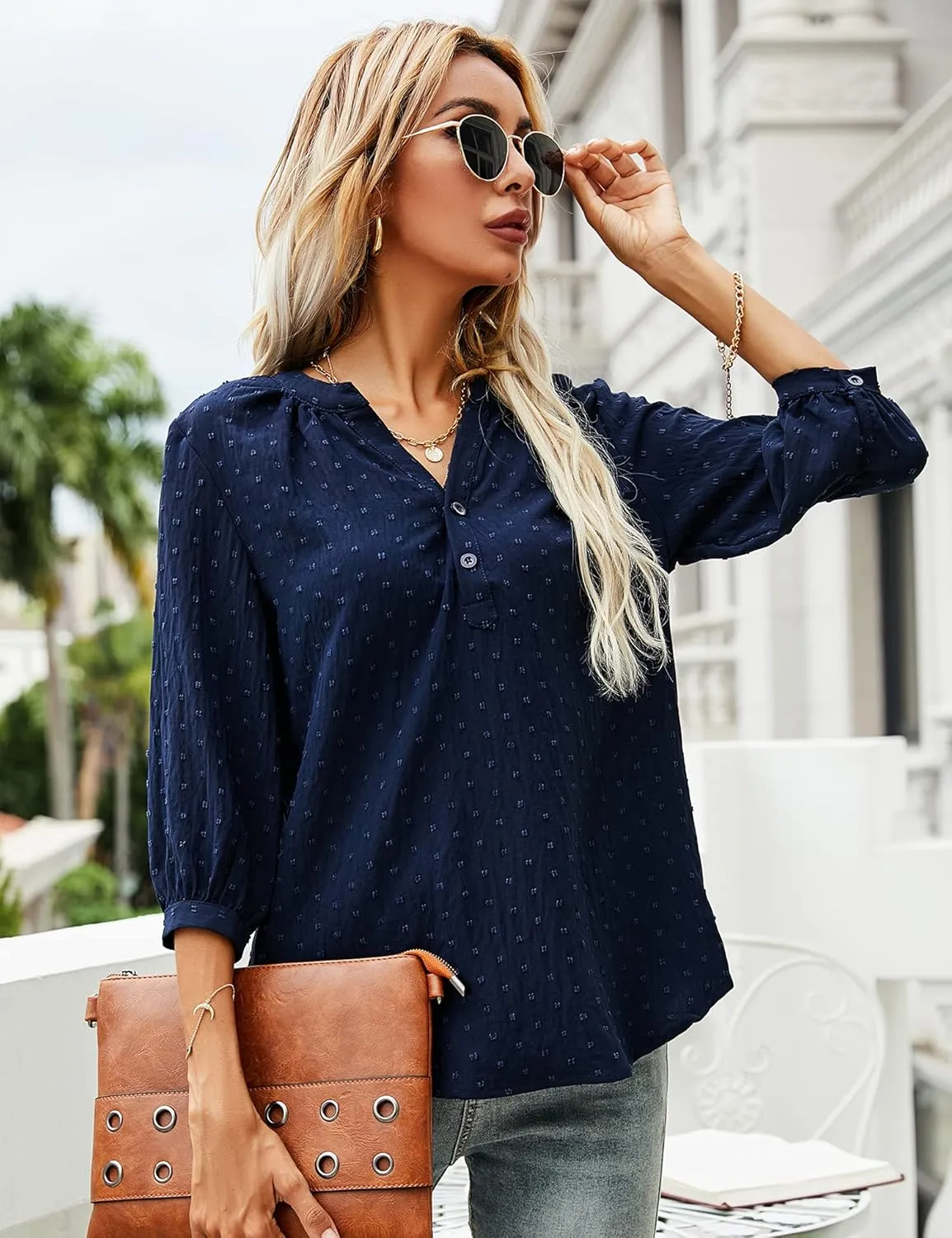 LOMON Women's Casual 3/4 Sleeve Henley V-Neck Button Up Pleated Back Blouses Swiss Dot Blouse Tops T-Shirts S-XXL