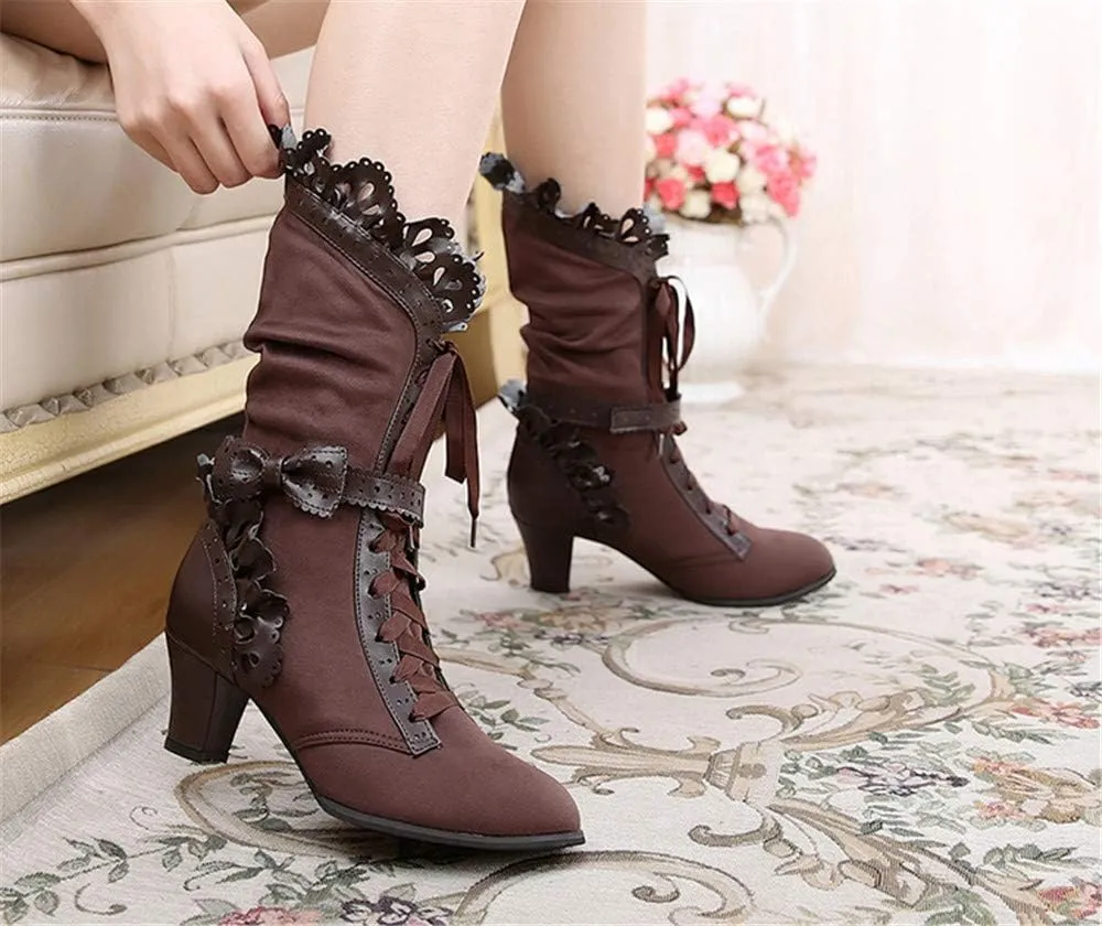 Lorie & Knight Women's Faux Suede Lace Up Wedding Victorian Inspired Mid-Calf Boots