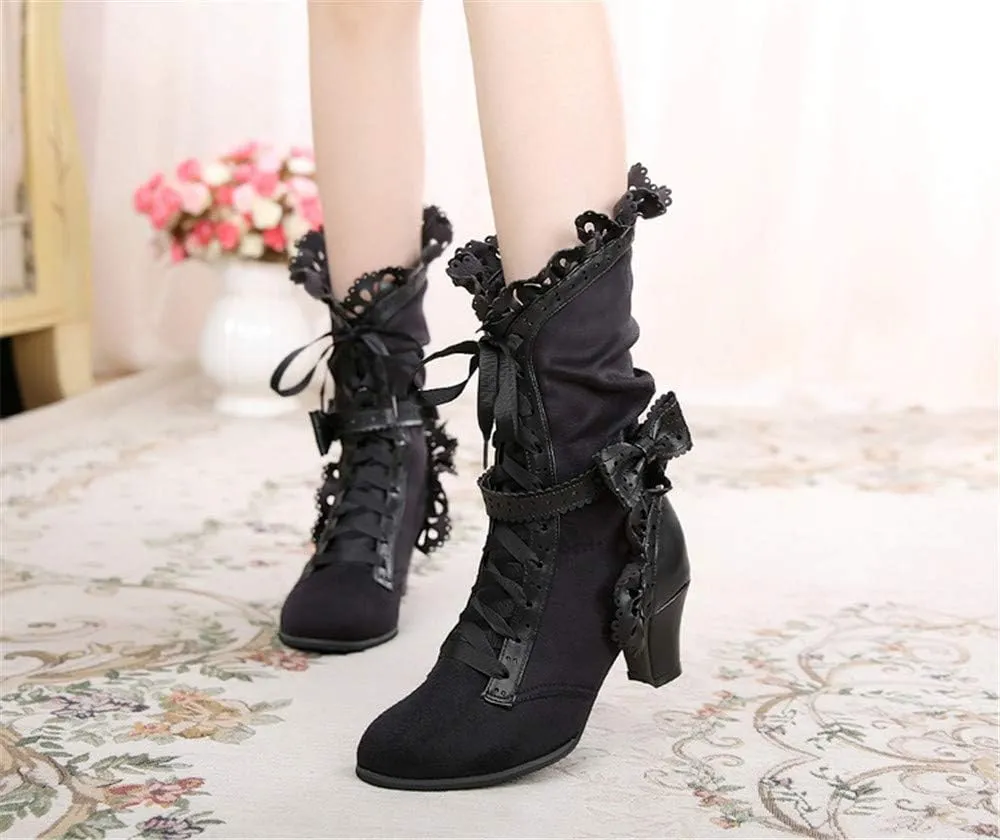 Lorie & Knight Women's Faux Suede Lace Up Wedding Victorian Inspired Mid-Calf Boots