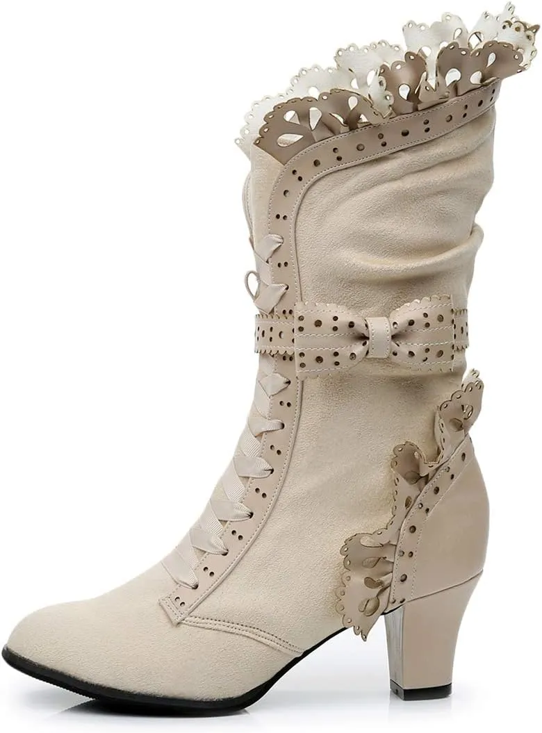 Lorie & Knight Women's Faux Suede Lace Up Wedding Victorian Inspired Mid-Calf Boots