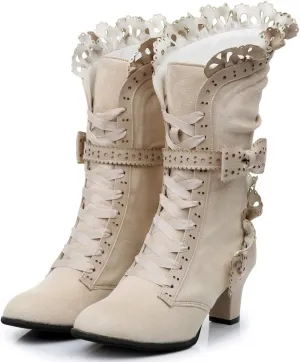 Lorie & Knight Women's Faux Suede Lace Up Wedding Victorian Inspired Mid-Calf Boots