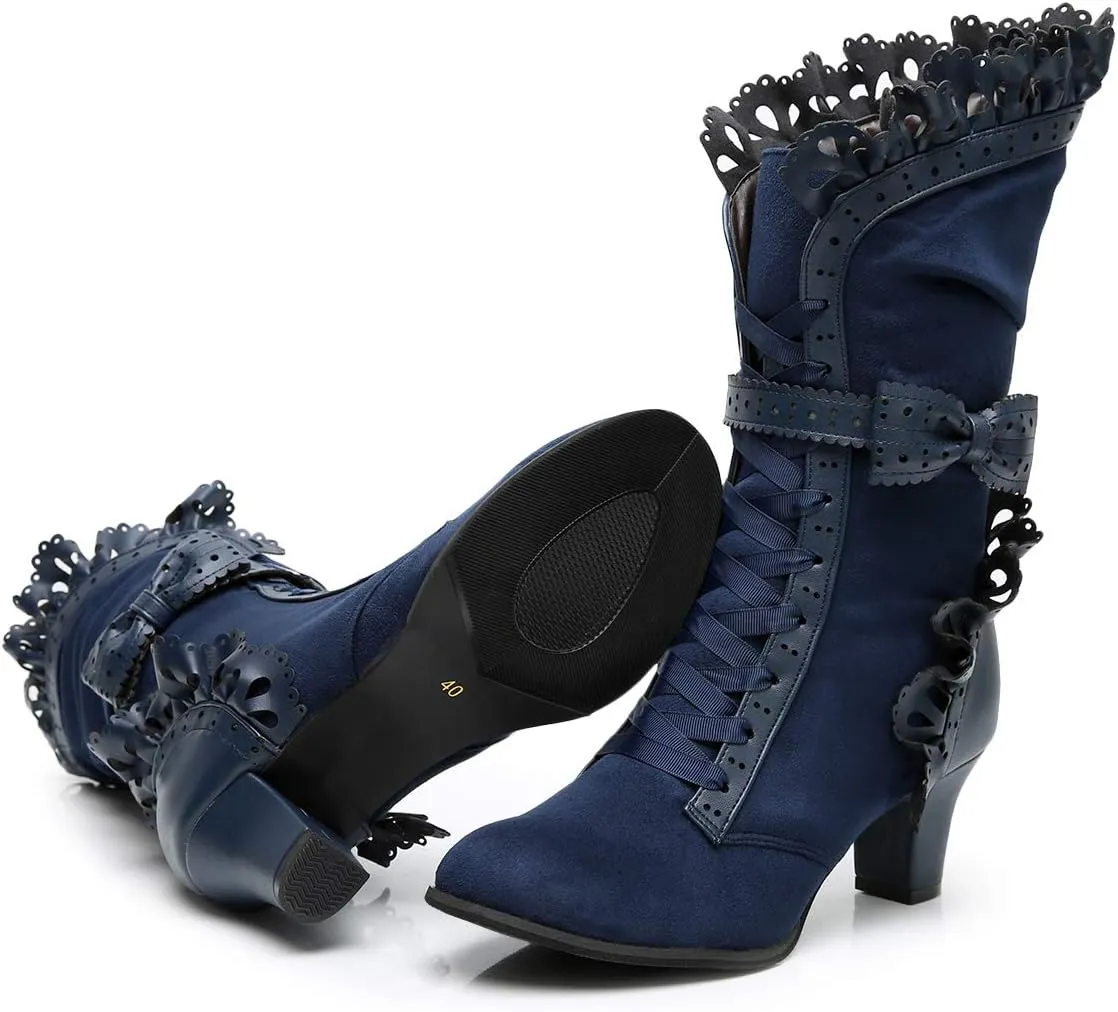 Lorie & Knight Women's Faux Suede Lace Up Wedding Victorian Inspired Mid-Calf Boots
