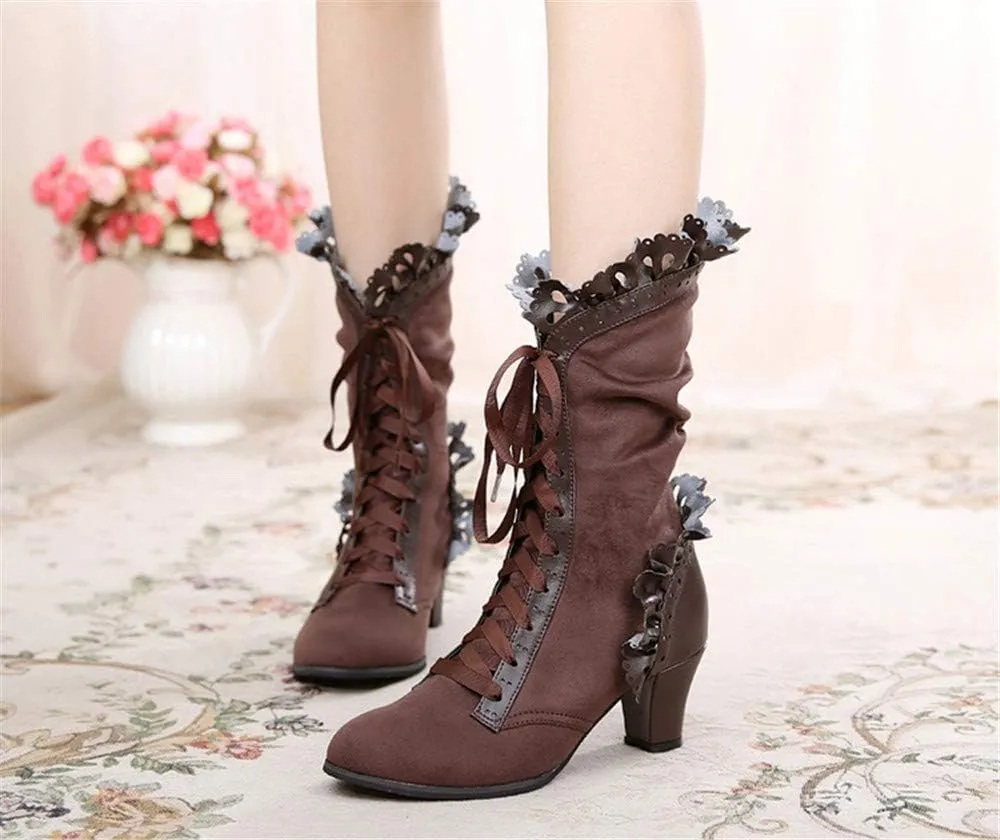 Lorie & Knight Women's Faux Suede Lace Up Wedding Victorian Inspired Mid-Calf Boots