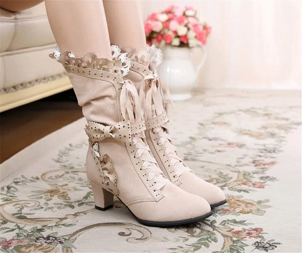 Lorie & Knight Women's Faux Suede Lace Up Wedding Victorian Inspired Mid-Calf Boots