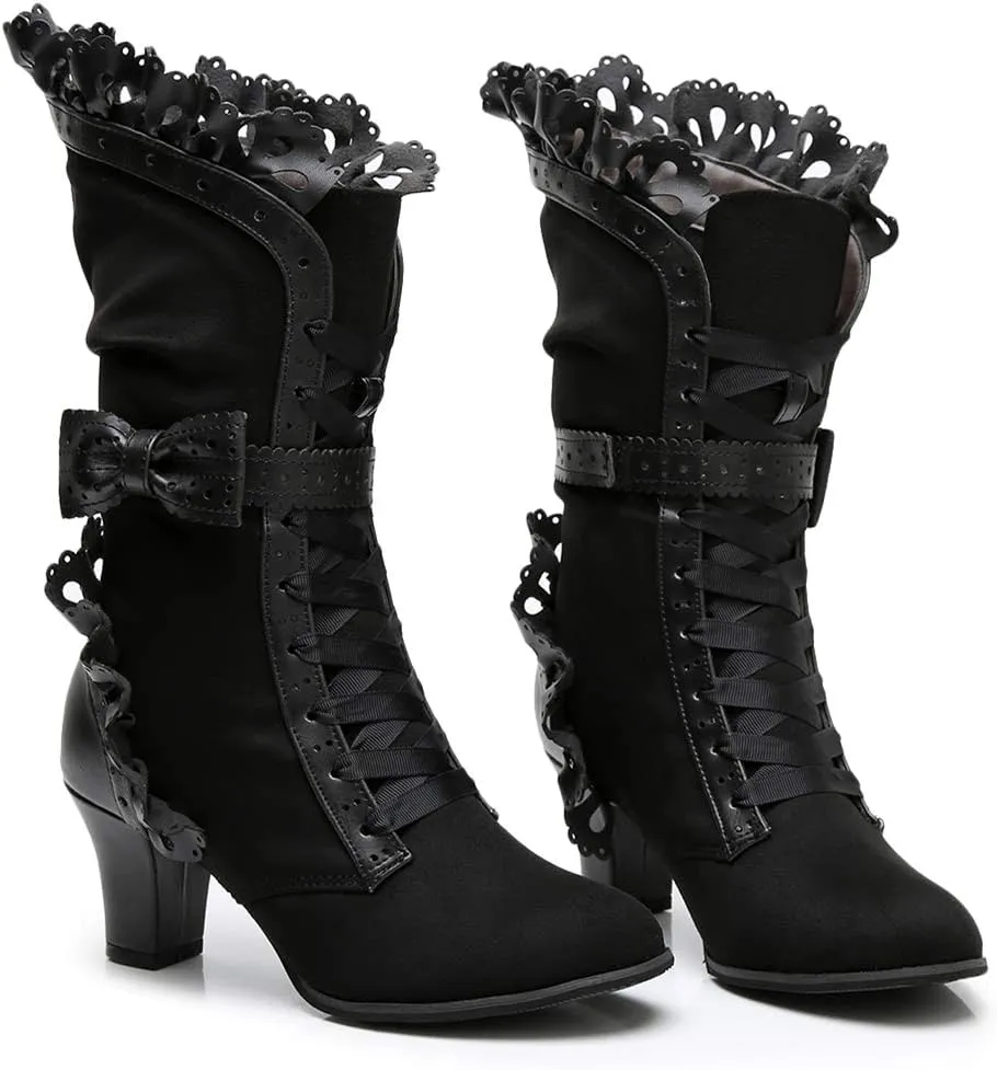 Lorie & Knight Women's Faux Suede Lace Up Wedding Victorian Inspired Mid-Calf Boots