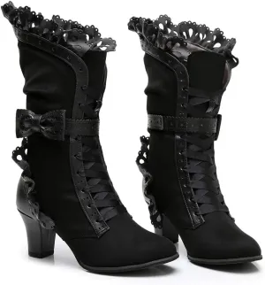 Lorie & Knight Women's Faux Suede Lace Up Wedding Victorian Inspired Mid-Calf Boots