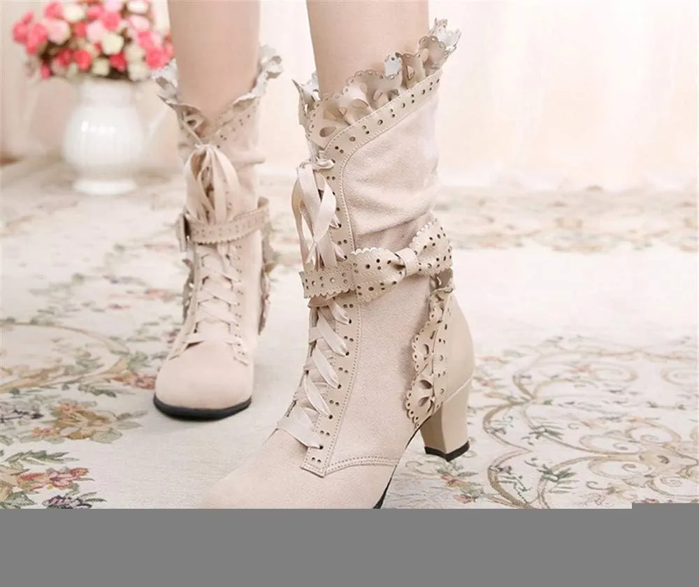 Lorie & Knight Women's Faux Suede Lace Up Wedding Victorian Inspired Mid-Calf Boots