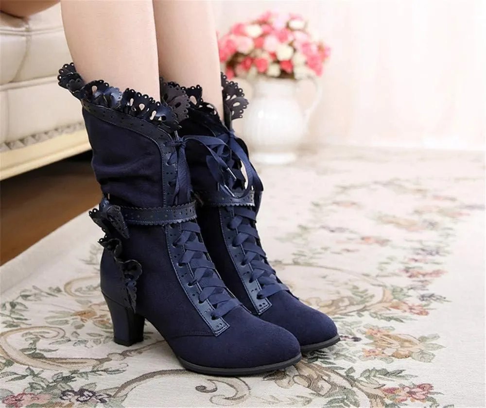 Lorie & Knight Women's Faux Suede Lace Up Wedding Victorian Inspired Mid-Calf Boots