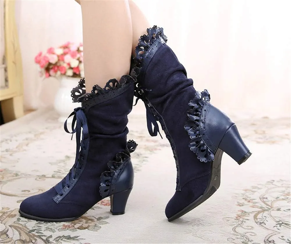 Lorie & Knight Women's Faux Suede Lace Up Wedding Victorian Inspired Mid-Calf Boots