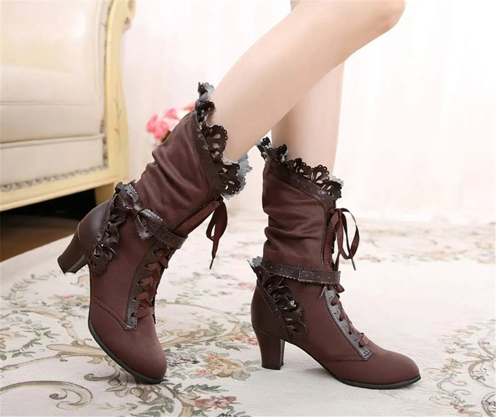 Lorie & Knight Women's Faux Suede Lace Up Wedding Victorian Inspired Mid-Calf Boots