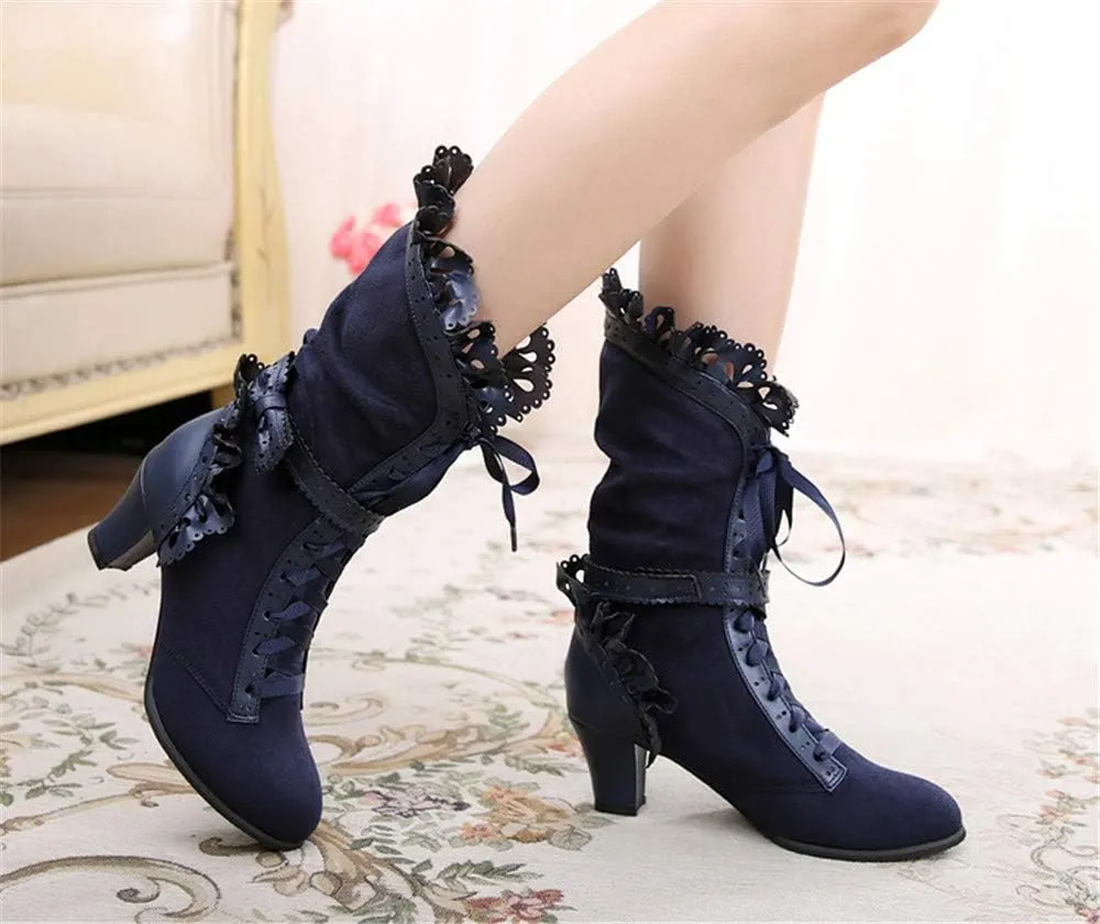 Lorie & Knight Women's Faux Suede Lace Up Wedding Victorian Inspired Mid-Calf Boots