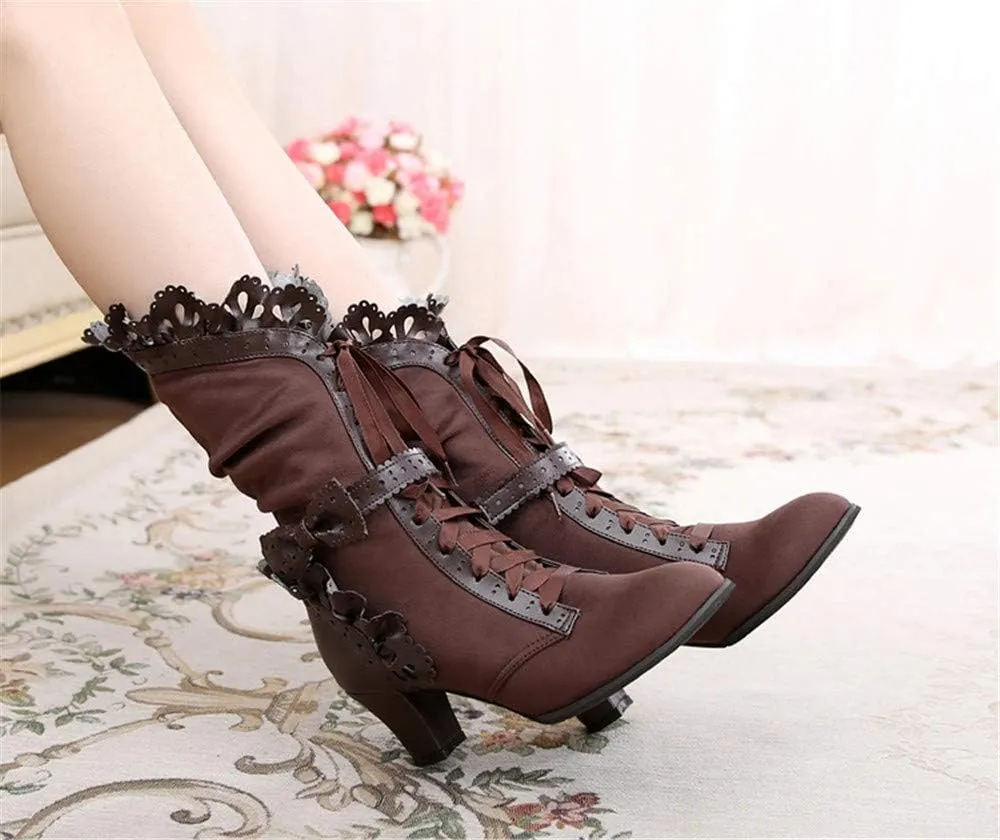 Lorie & Knight Women's Faux Suede Lace Up Wedding Victorian Inspired Mid-Calf Boots
