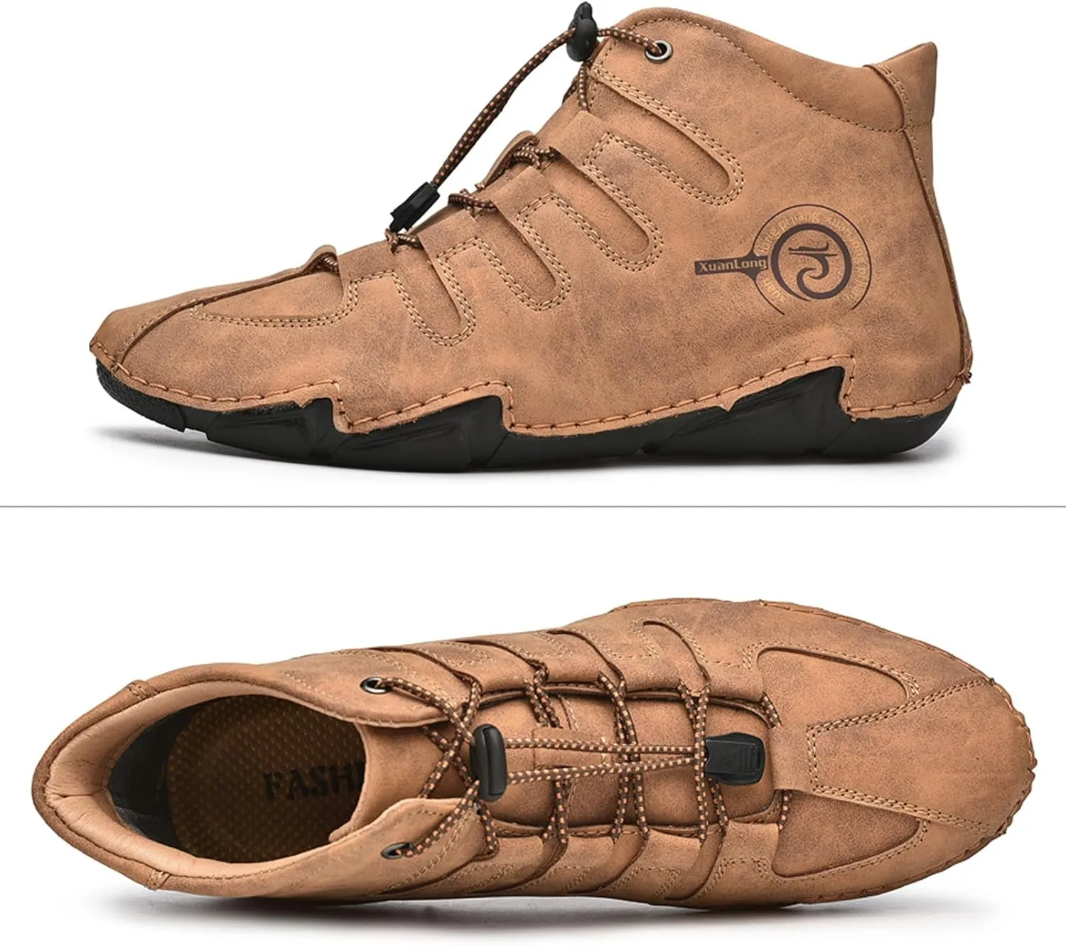 Lossarye Men's Italian Handmade Leather High Boots Casual Lightweight Waterproof Hiking Shoes Slip-On Chukka Boots Non-Slip Outdoor Sneakers
