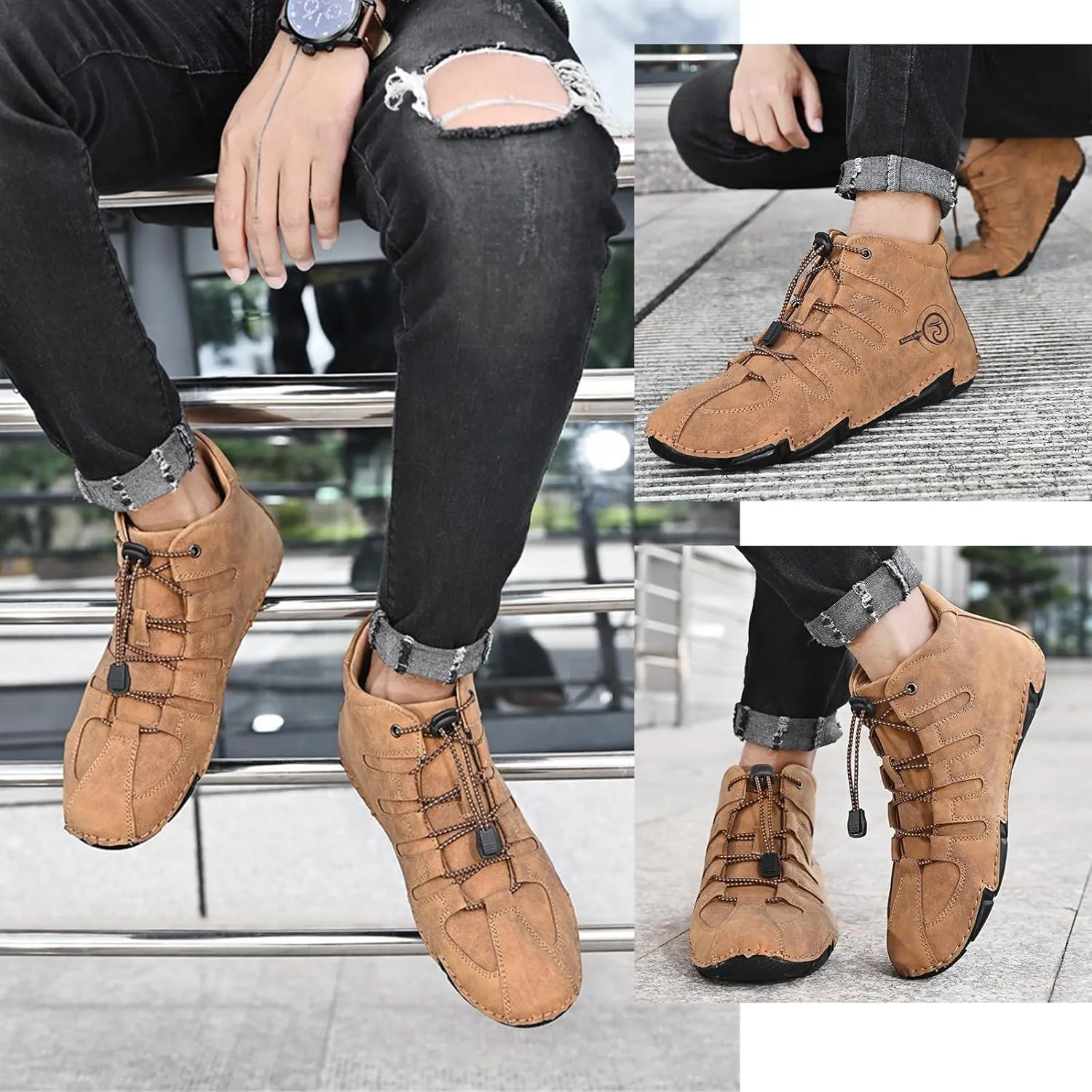 Lossarye Men's Italian Handmade Leather High Boots Casual Lightweight Waterproof Hiking Shoes Slip-On Chukka Boots Non-Slip Outdoor Sneakers