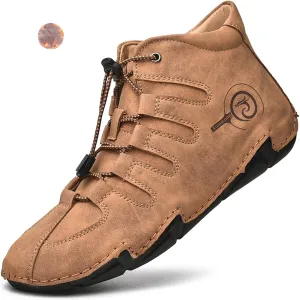 Lossarye Men's Italian Handmade Leather High Boots Casual Lightweight Waterproof Hiking Shoes Slip-On Chukka Boots Non-Slip Outdoor Sneakers