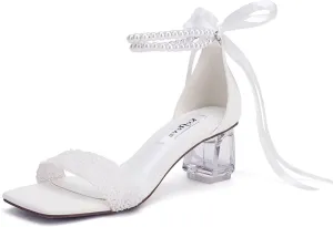 Low Block Heel Wedding Shoes for Bride Clear Heel Sandals Sequin Bridal Shoes Pearl Heels