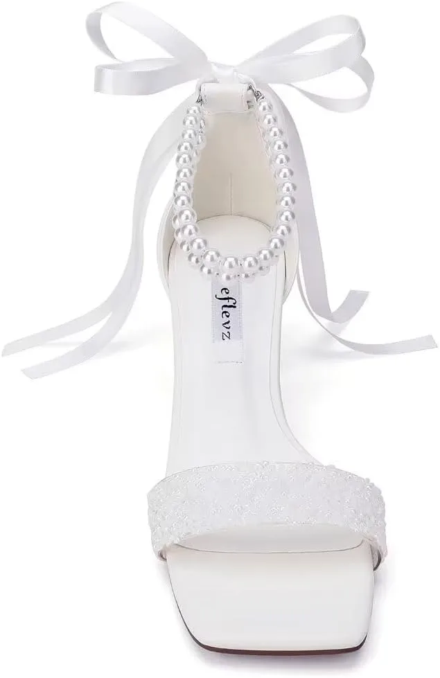 Low Block Heel Wedding Shoes for Bride Clear Heel Sandals Sequin Bridal Shoes Pearl Heels