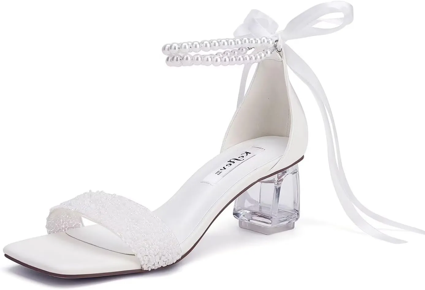 Low Block Heel Wedding Shoes for Bride Clear Heel Sandals Sequin Bridal Shoes Pearl Heels
