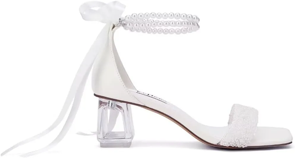 Low Block Heel Wedding Shoes for Bride Clear Heel Sandals Sequin Bridal Shoes Pearl Heels