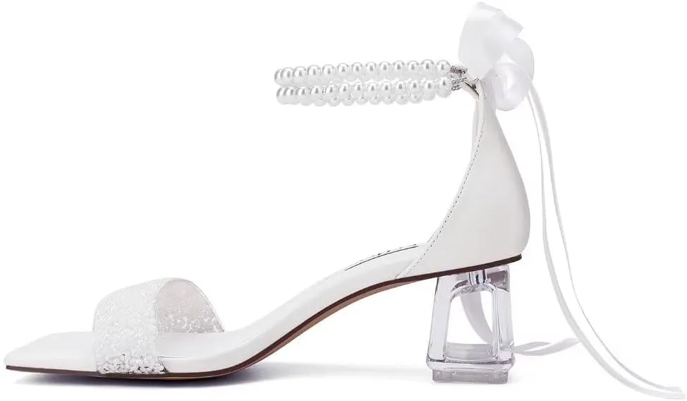 Low Block Heel Wedding Shoes for Bride Clear Heel Sandals Sequin Bridal Shoes Pearl Heels