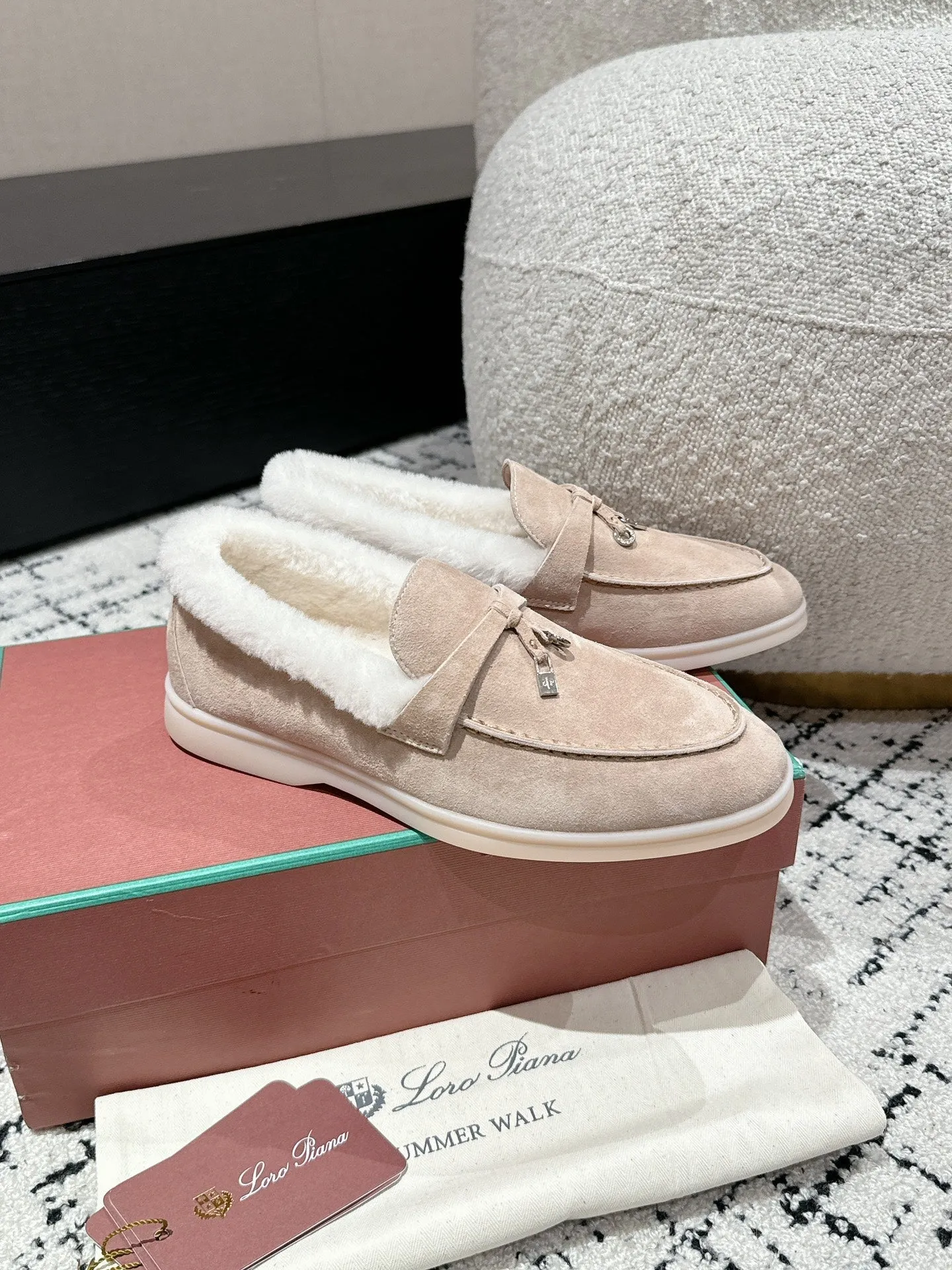 LP Summer Charms Walk Loafers In Almond Beige Mix White Suede With Rabbit Fur Lining 985648