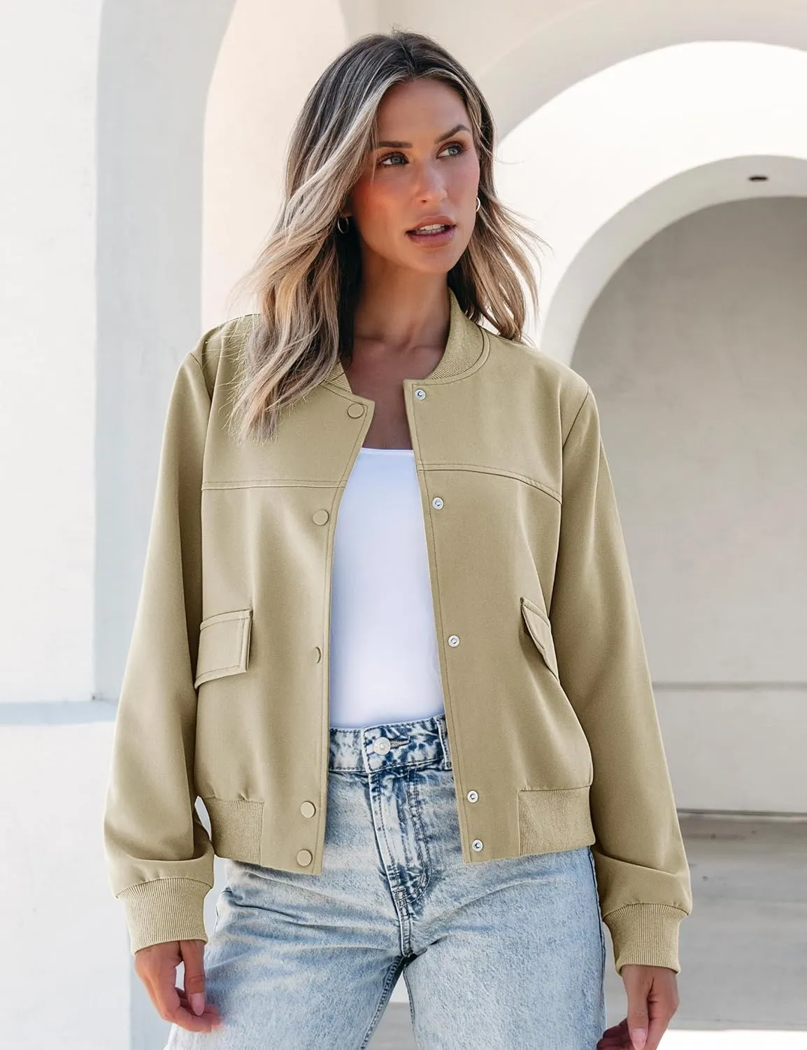 luvamia Bomber Jackets for Women Fall Casual Button Down Long Sleeves Trendy Varsity Jacket Outerwear Coat with Pockets