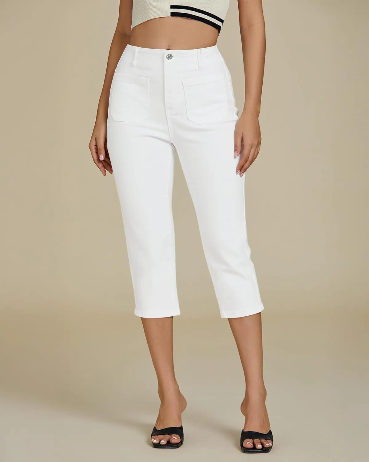 luvamia Capris Jeans for Women Trendy High Waisted Patch Pocket Casual Summer Cropped Stretchy Denim Skinny Capri Pants
